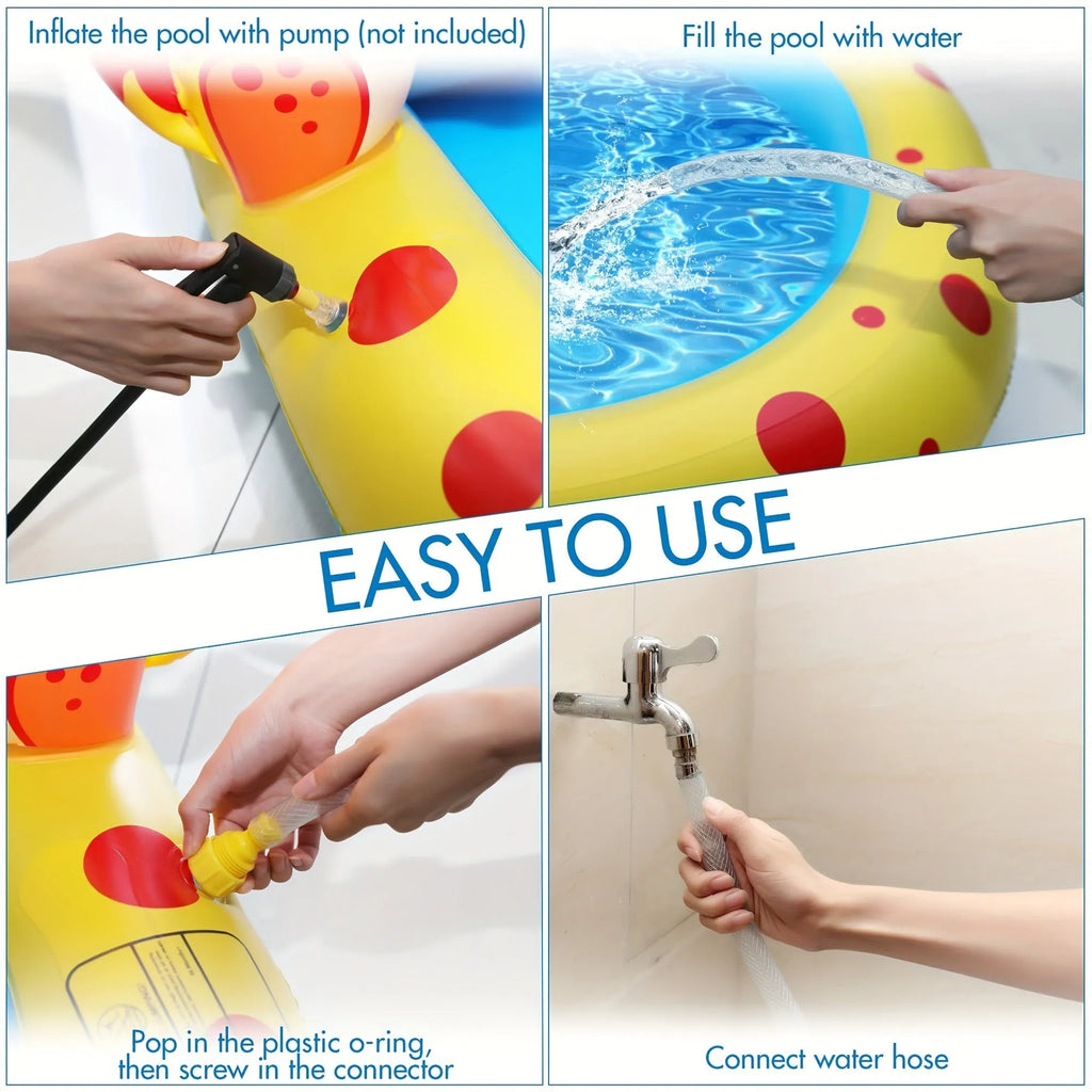 Blue dinosaur inflatable water spray pool with pet play mat and shark toy in garden setting
