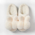 Women's fluffy rabbit fur slippers with floral pattern, high upper, and low heel in multiple colours.