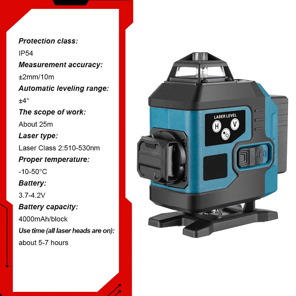 16-line infrared laser level with ABS housing and dual power supply, placed on a floor surface projecting laser lines