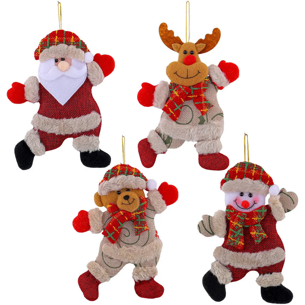 Set of four Christmas tree ornaments featuring Santa, snowman, reindeer and bear figures with red and white scarves