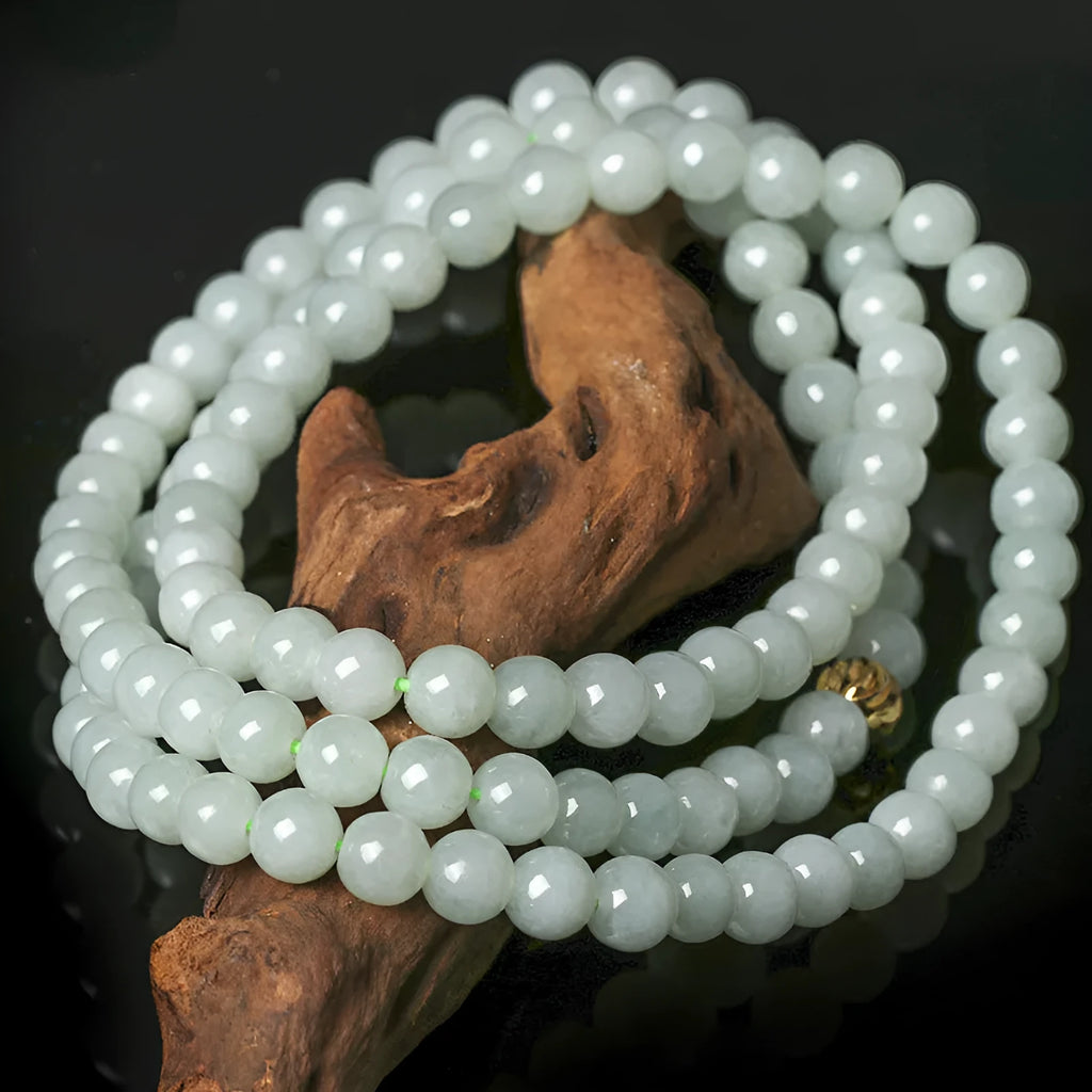 Natural jade bead necklace with white-green round beads on adjustable chain