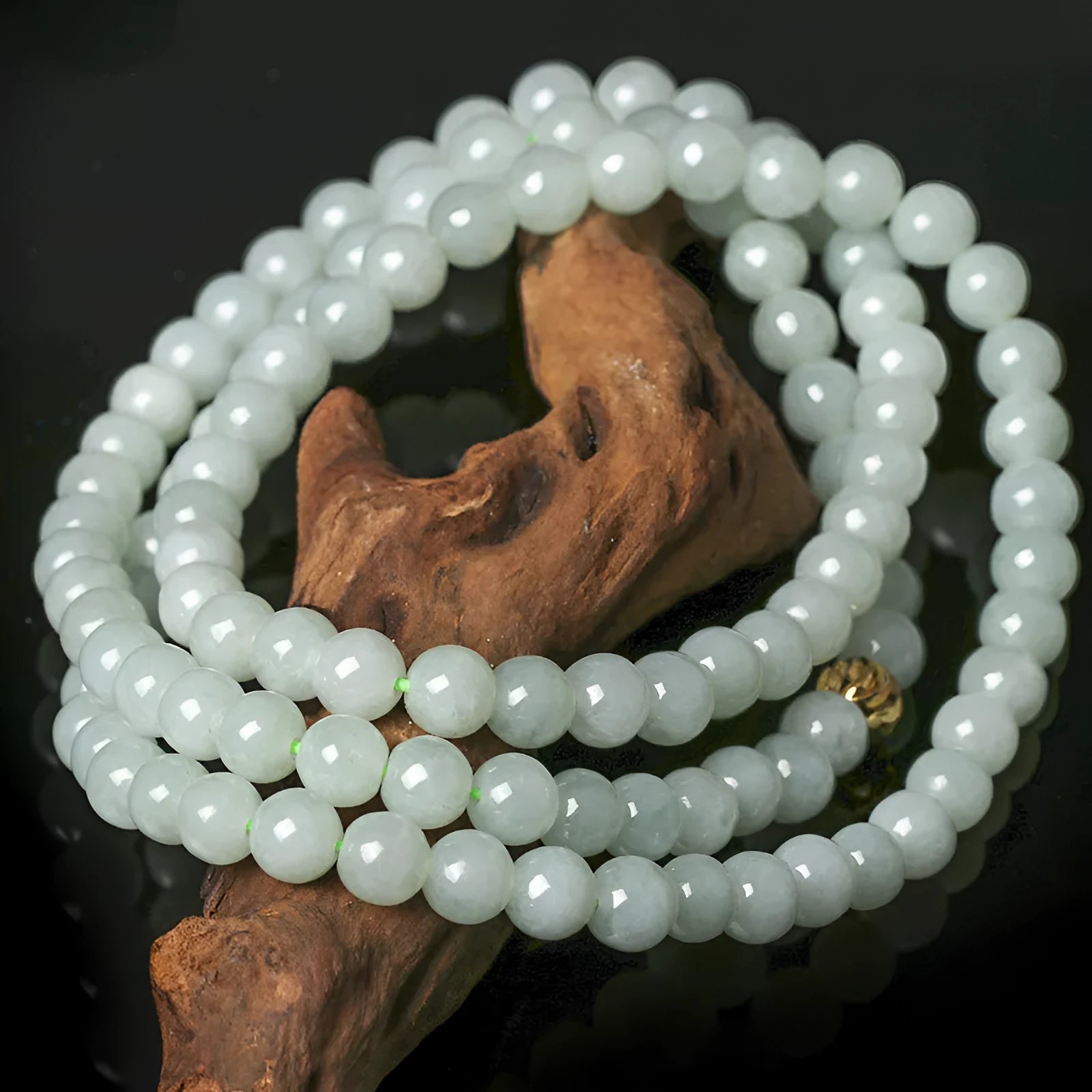 Natural jade bead necklace with white-green round beads on adjustable chain