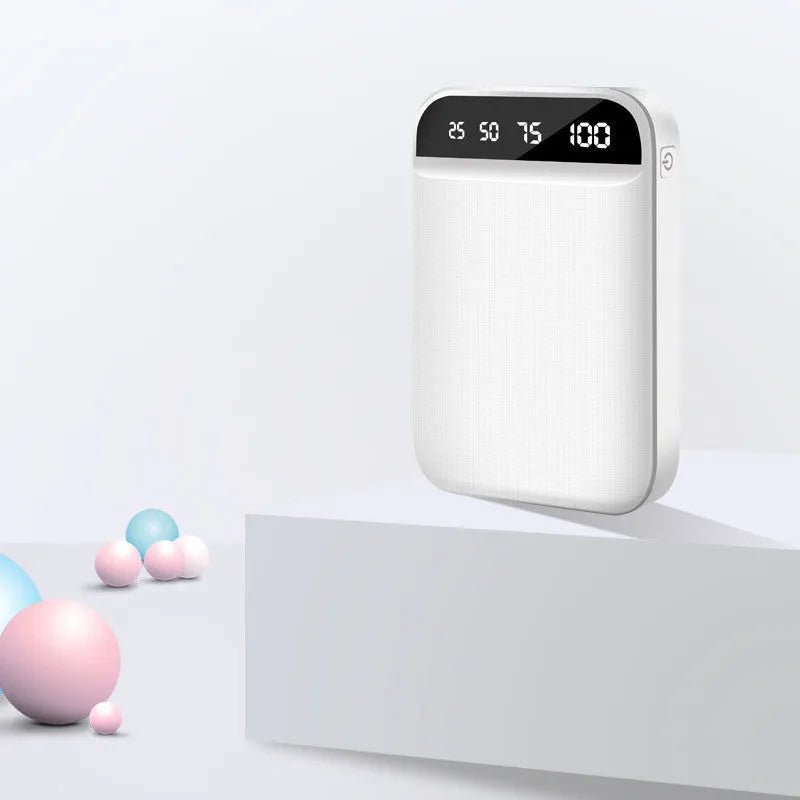 Mini power bank in black, blue, pink, or white with polymer lithium-ion battery and multiple USB ports