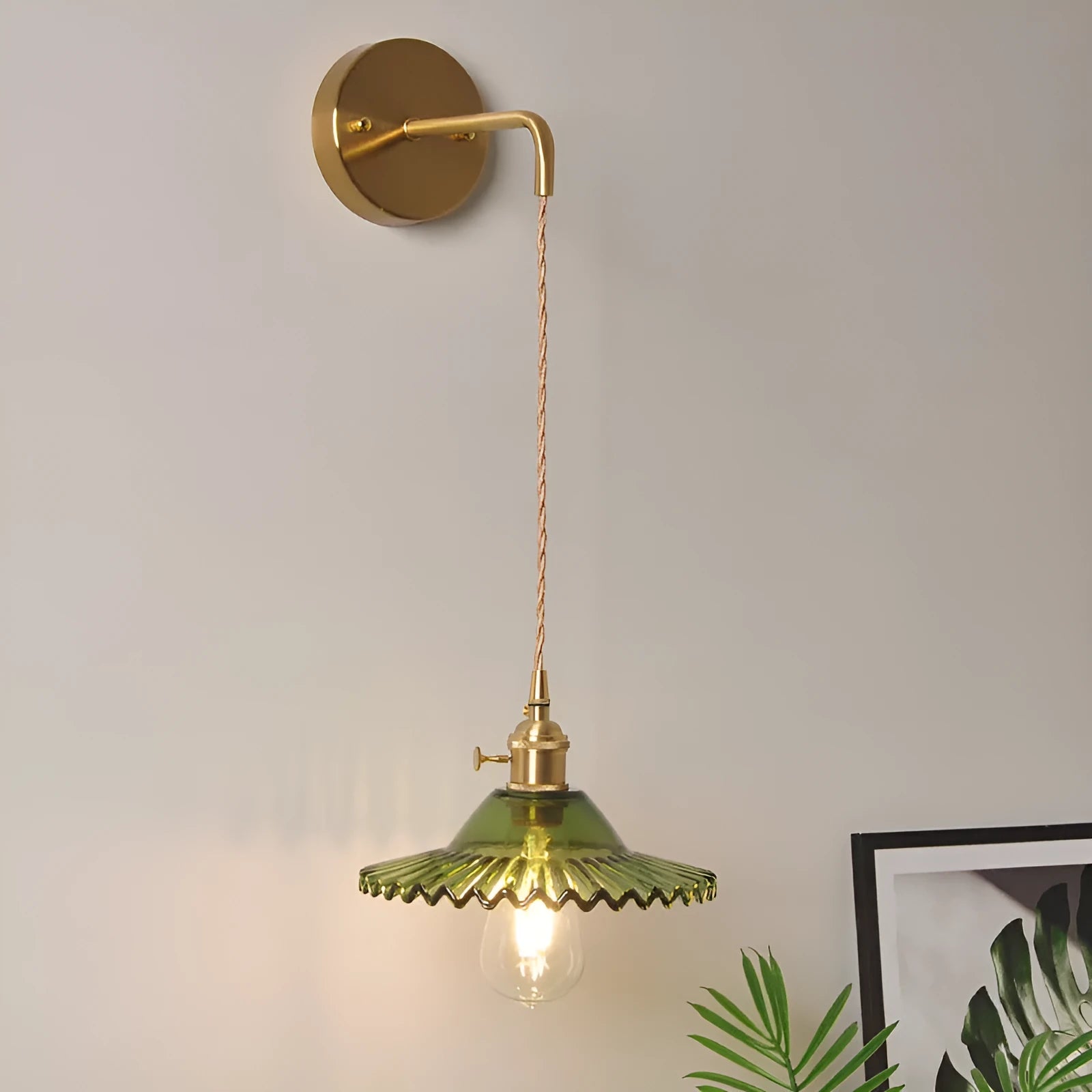 Retro copper wall lamp with a glass shade in a choice of six colours on a wall.