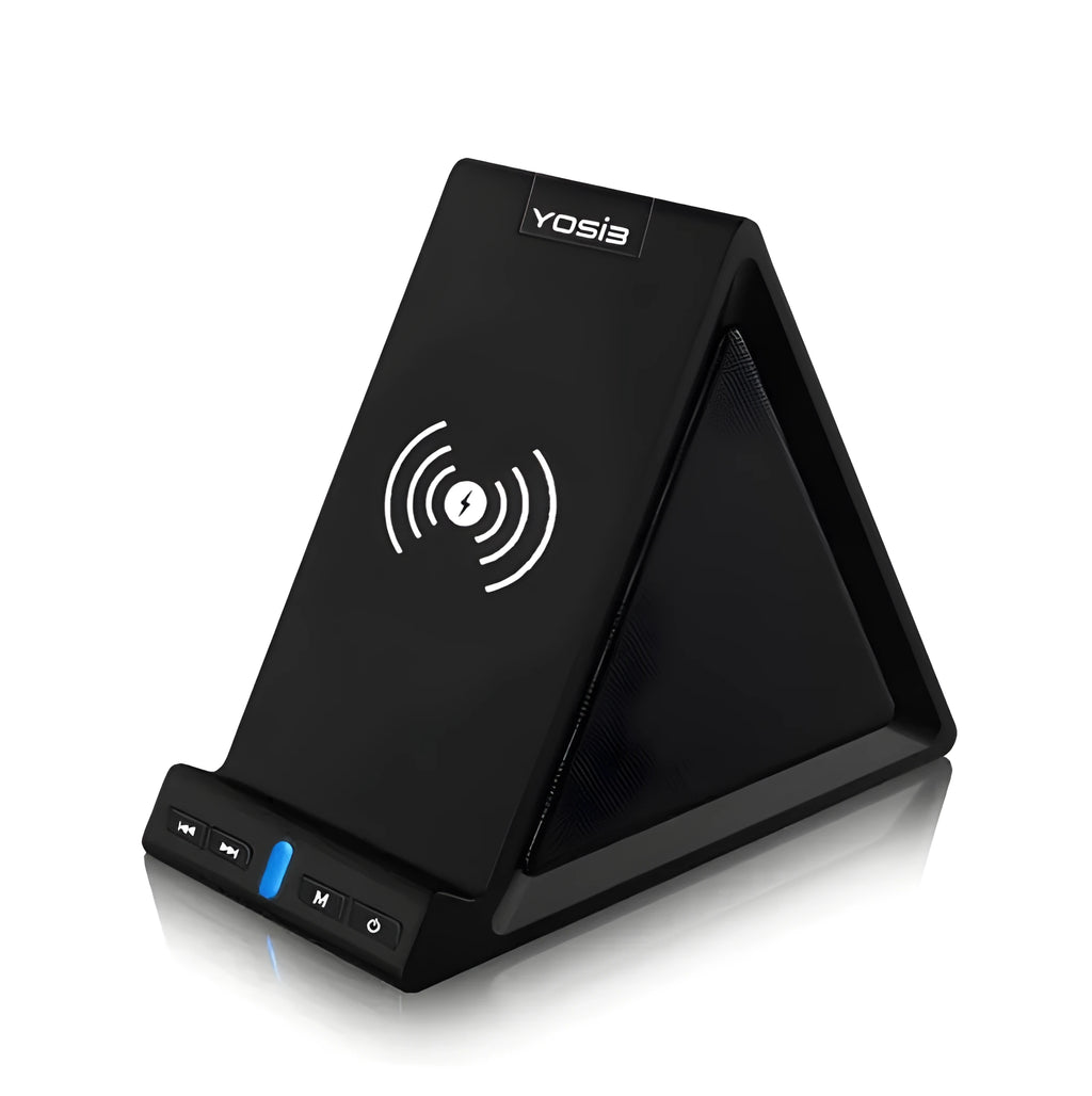 Black portable Bluetooth speaker with integrated mobile phone stand and wireless charging function.