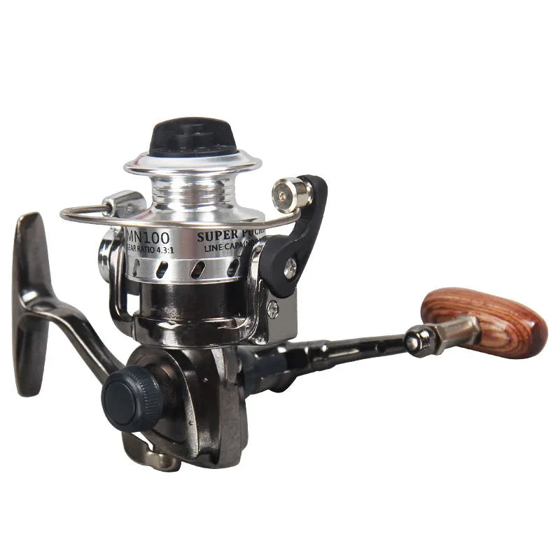 Mini 100 all metal fishing reel in black colour with folding rocker arm and wooden handle
