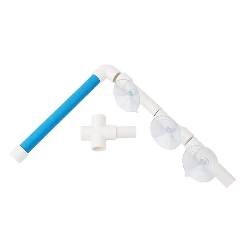White foldable plastic parrot bath shower stand with three suction cups on a shower wall