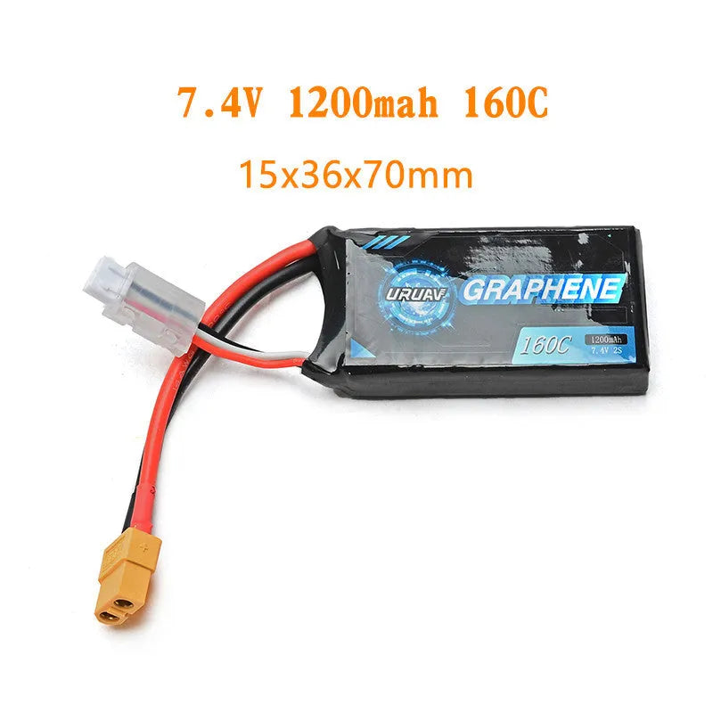 7.4V 1200mAh 2S Lithium Polymer RC battery with red JST connector, shown with dimensions.