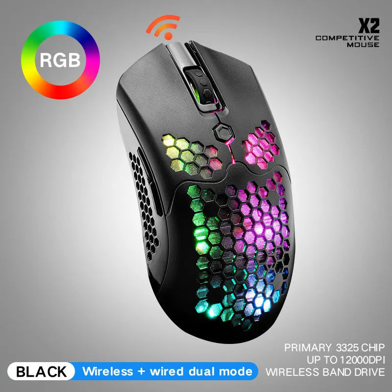 Free Wolf X2 wireless RGB gaming mouse in multiple colours on a desk.