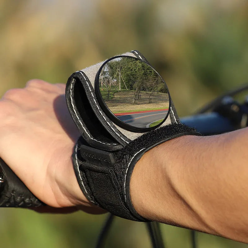 Black nylon bicycle wrist rear-view mirror with quick-fit attachment for handlebars or wrist