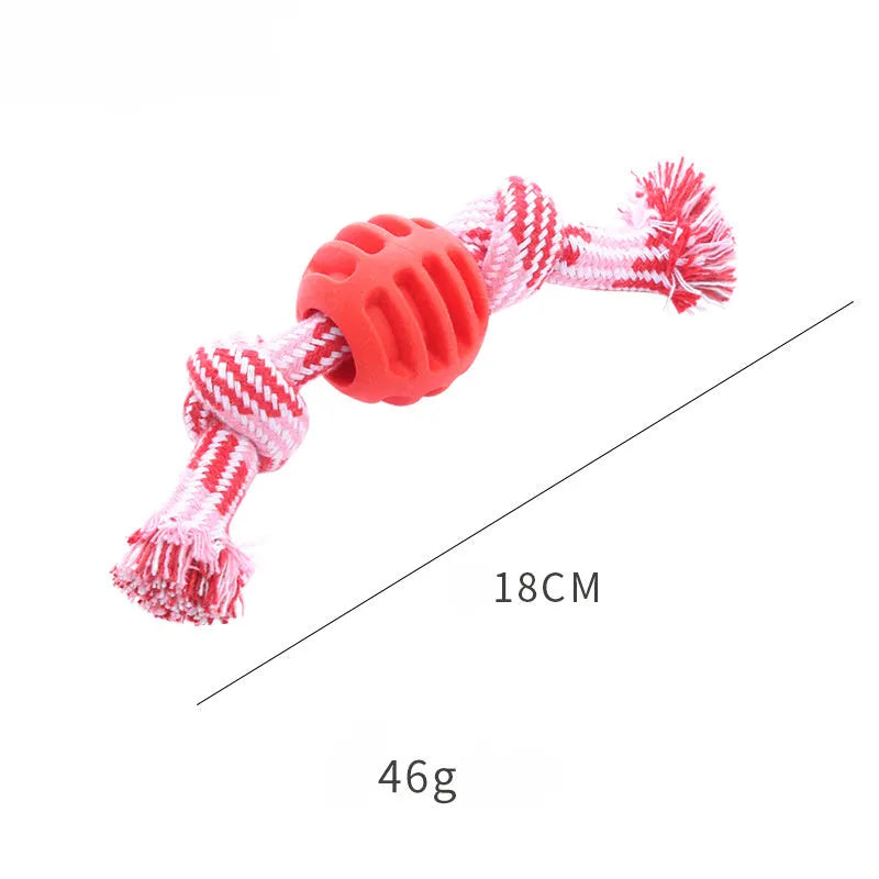 Blue soft dog chew toy with rope attachment for teeth cleaning and tug play.