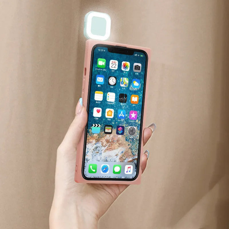 Ring flashing mobile phone case for iPhone 13 with selfie fill light in pink white green colours