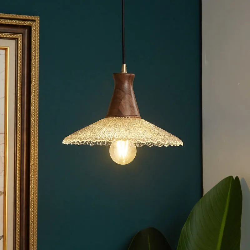 Retro wooden body and glass shade brass chandelier ceiling light fixture