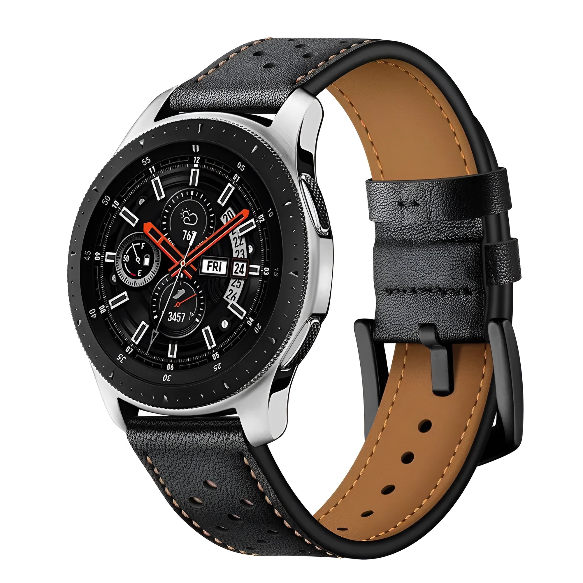 Universa GT leather watch strap in black, 20mm width, on neutral background