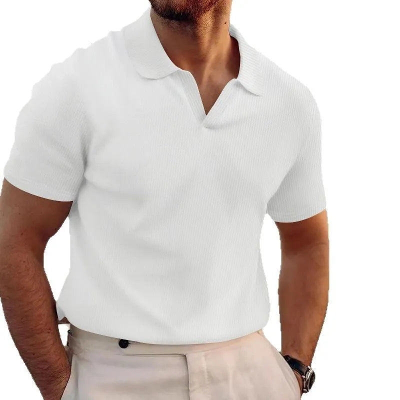 Men's slim fit t-shirt with textured waffle lapels in solid colour.