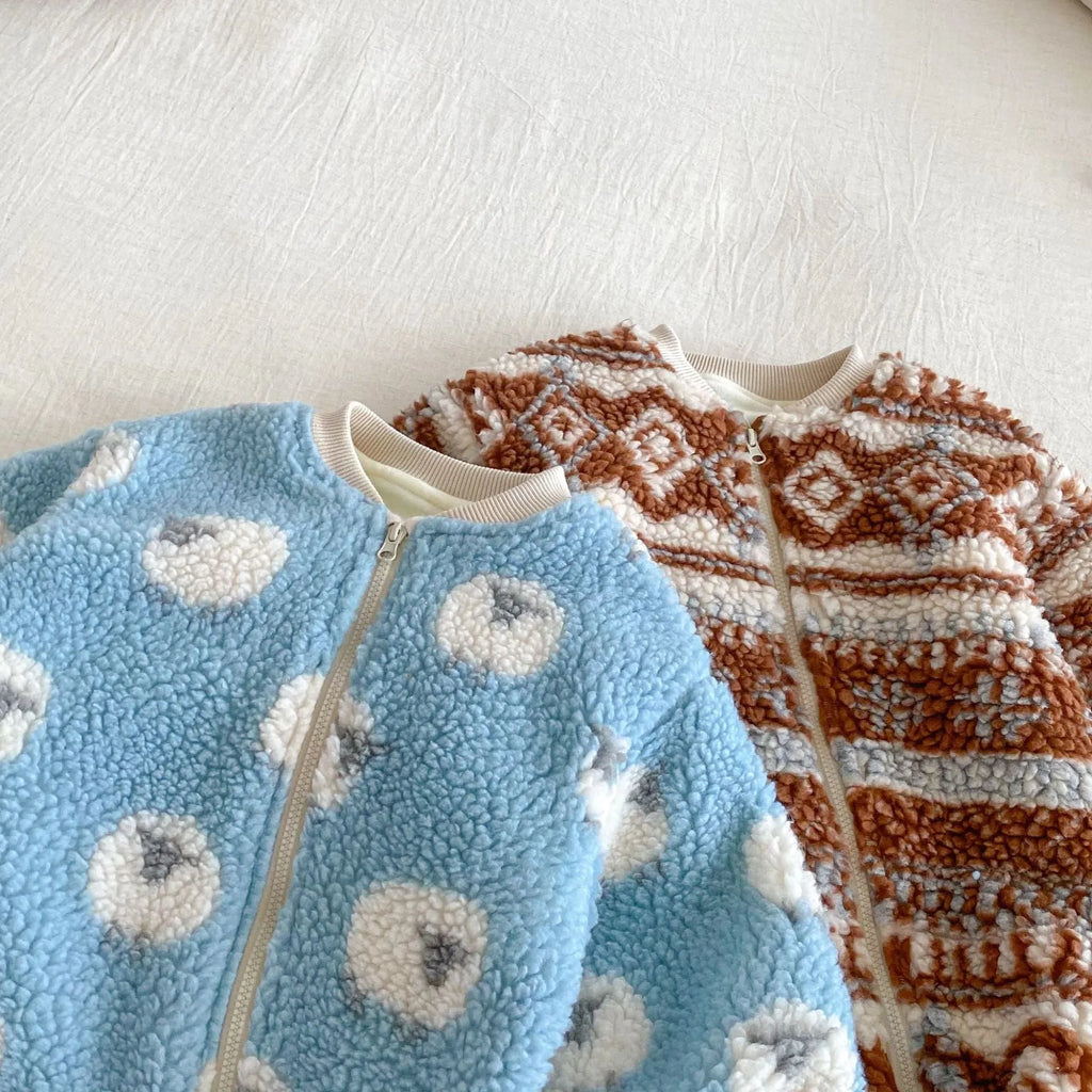 Baby lambswool romper with hat, brown or blue, long sleeve one-piece winter crawling suit in 66-90cm