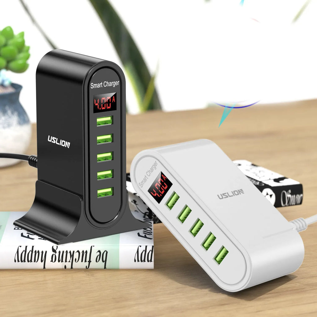Smart LED digital display USB wall charger with selectable EU, UK, or US plug styles in black and white.