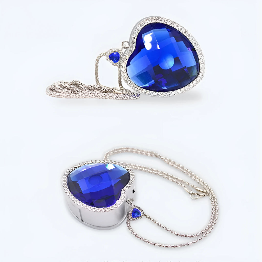 Wearable air freshener in blue heart colour with 304 stainless steel chain and crystal glass casing, showing anion release port