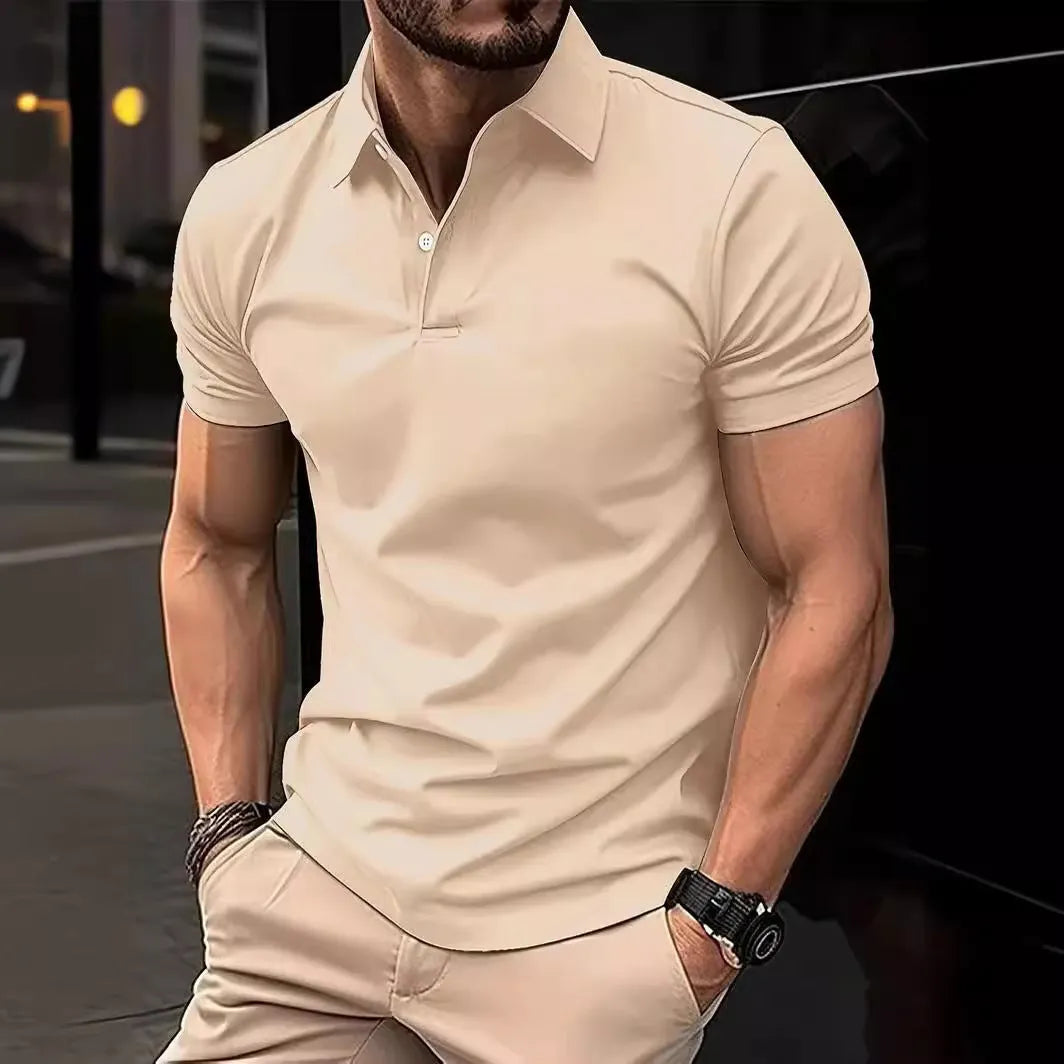 Slim fit casual short sleeve button-up shirt in a solid colour on a hanger.