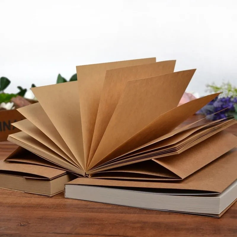 Brown kraft paper sketchbook open to show drawing, with 16K and 32K size options
