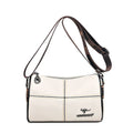 Genuine leather women's cylindrical shoulder bag with stitched patchwork, zip pocket, phone pocket and document pocket