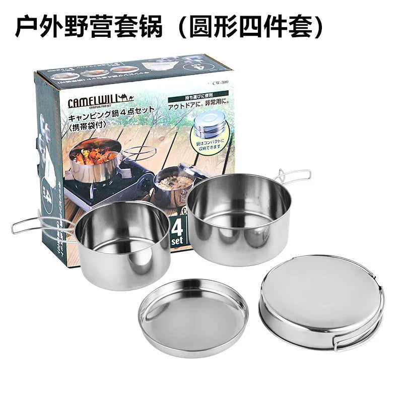 Stainless steel outdoor camping cookware set showing four round silver pots designed for 2-3 people