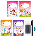 Hard cover magic practice writing book set with cartoon design, pen, and refills for reusable handwriting practice.