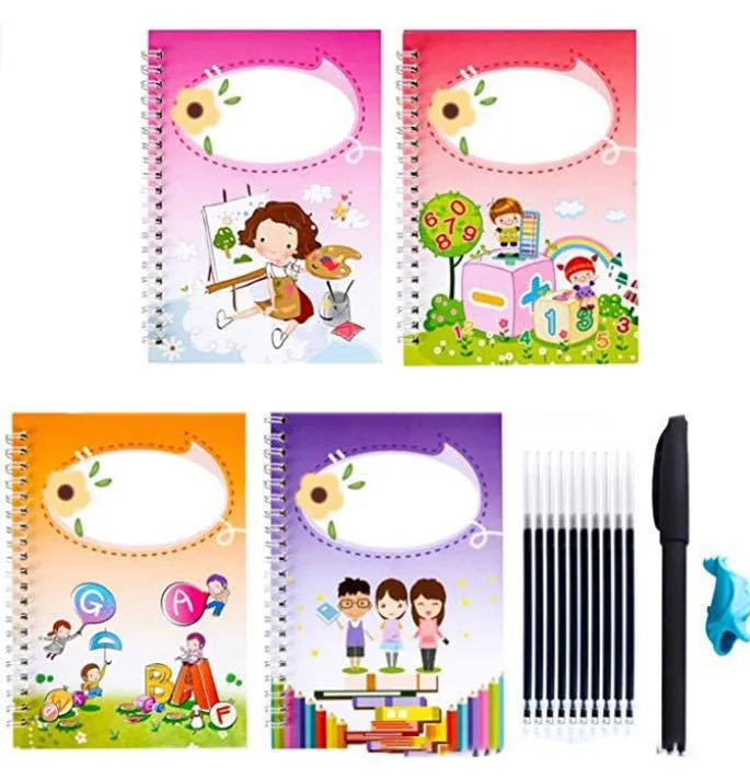 Hard cover magic practice writing book set with cartoon design, pen, and refills for reusable handwriting practice.