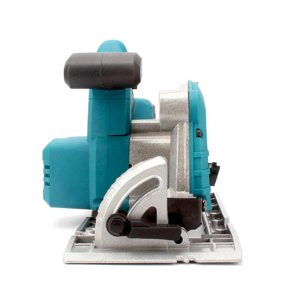 Lithium battery 7-inch cordless circular saw for wood cutting with two batteries and charger on a workbench
