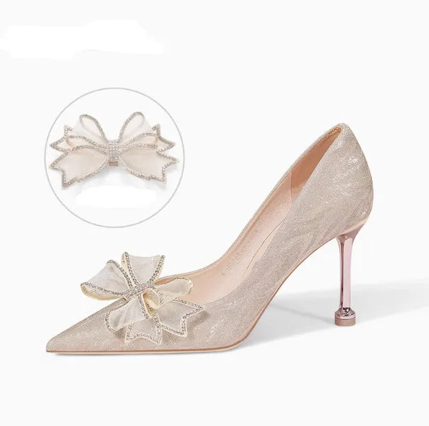 Women's champagne crystal sequinned pointed toe stiletto heels with multiple heel height options
