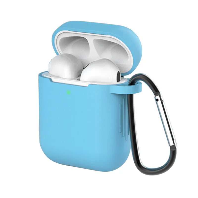 Liquid silicone clam-shell cover for Apple AirPods 1st and 2nd generation charging case.