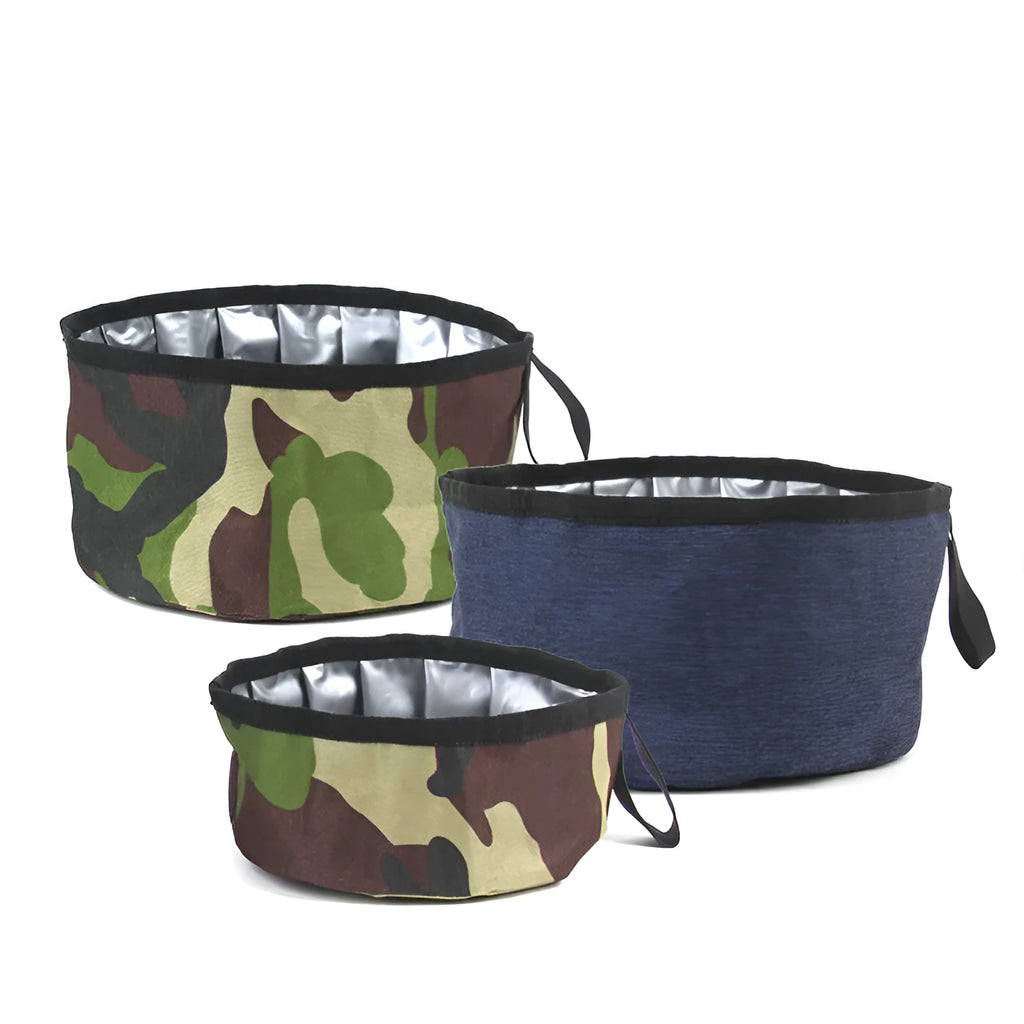 Oxford cloth portable folding dog bowl in camouflage green with round shape for outdoor use
