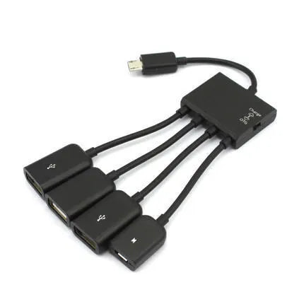 Black Micro USB OTG one-to-four adapter with charging switch, 0.25m cable, for Android phones and tablets.