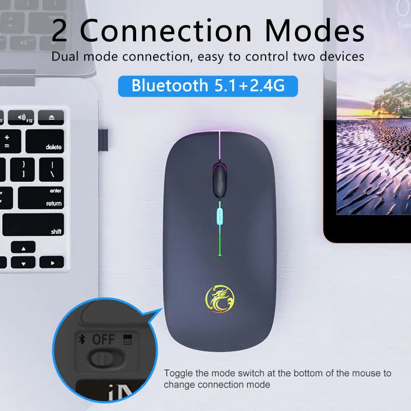Black and white dual-mode wireless silent mouse with luminous charging scroll wheel.