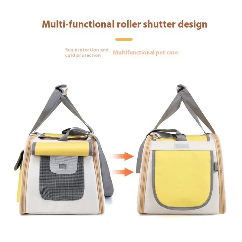 Large foldable canvas pet carrier bag in black, green, or yellow with a single shoulder strap.