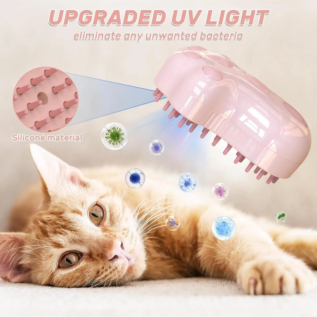 Blue self-cleaning cat steam brush with silicone bristles and release button for pet grooming