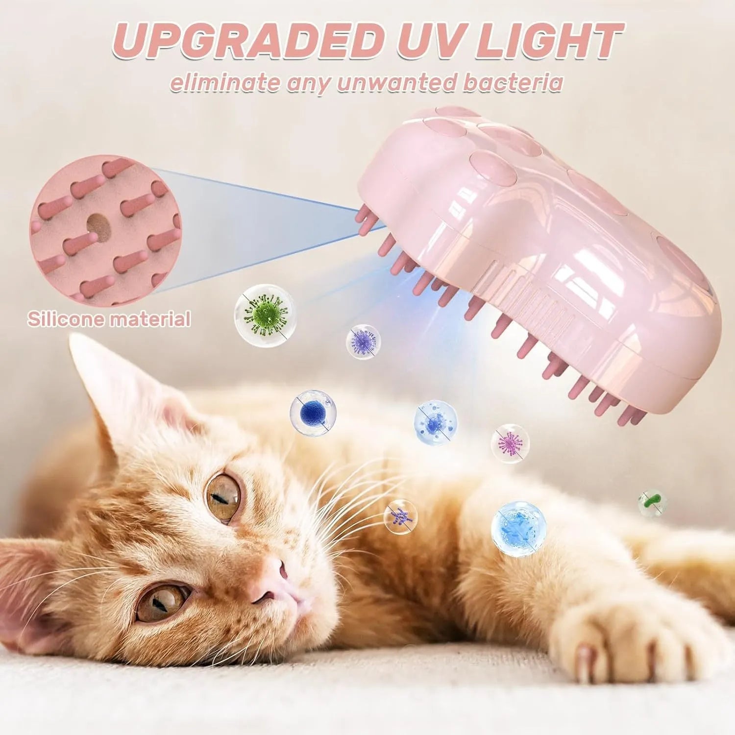 Blue self-cleaning cat steam brush with silicone bristles and release button for pet grooming
