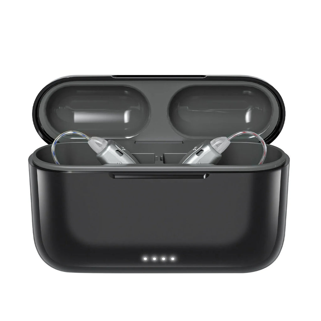 Black wireless back-of-ear rechargeable Bluetooth hearing aid with Type-C charging and silicone ear domes