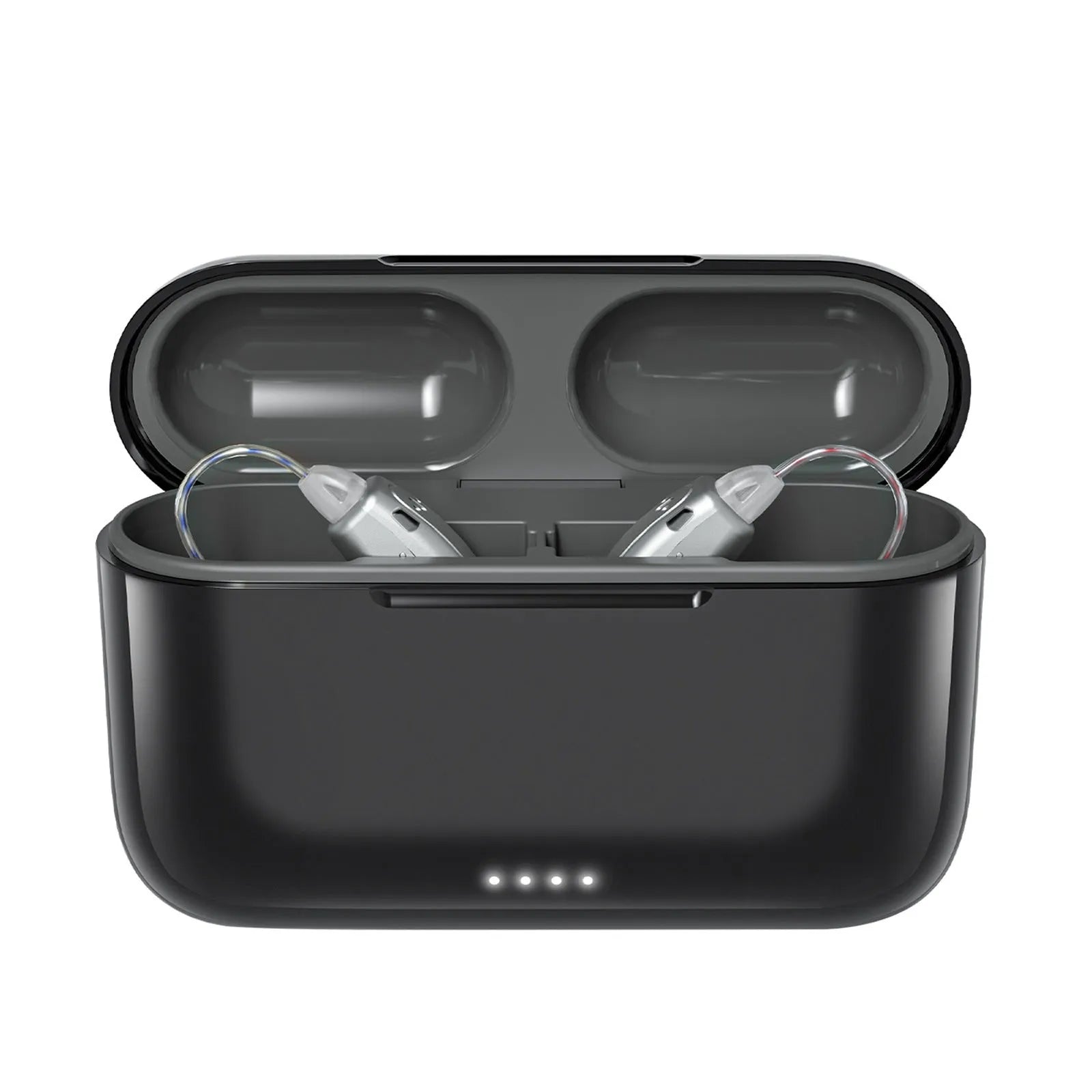 Black wireless back-of-ear rechargeable Bluetooth hearing aid with Type-C charging and silicone ear domes