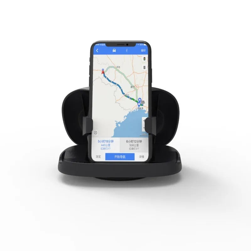 Black plastic rotating suction cup car navigator bracket mounted on a windscreen