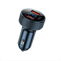 Black aluminium car charger with digital display and three charging ports