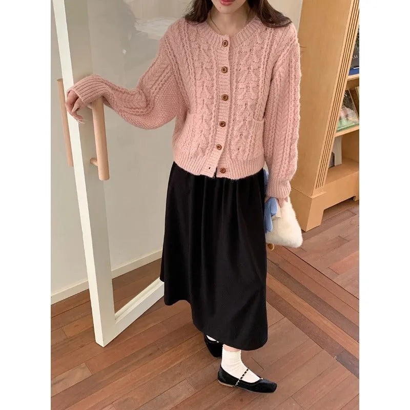 Thick knit twisted texture cardigan in beige with open front and short 40cm length