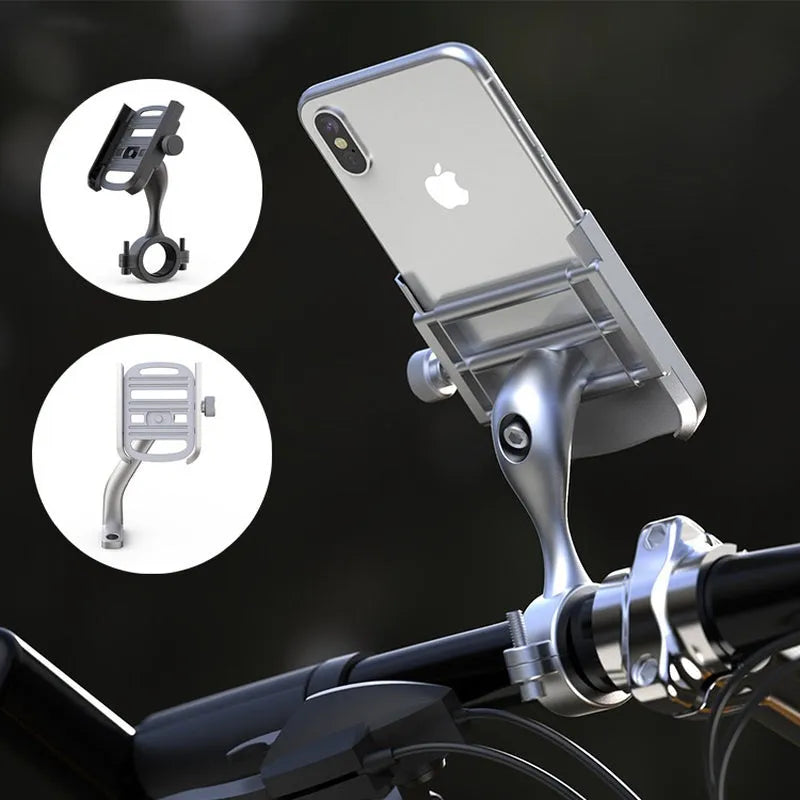Aluminum alloy motorcycle phone holder with double adjustment on handlebar mount