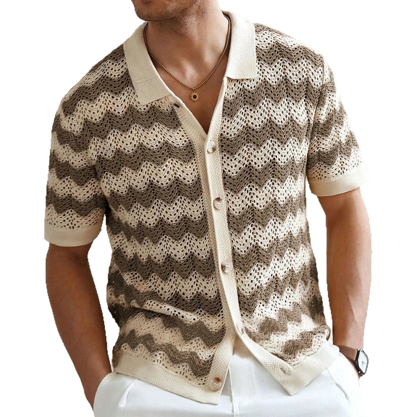 Short sleeve corrugated sweater in Tencel viscose with a textured hollow jacquard and flocked finish.