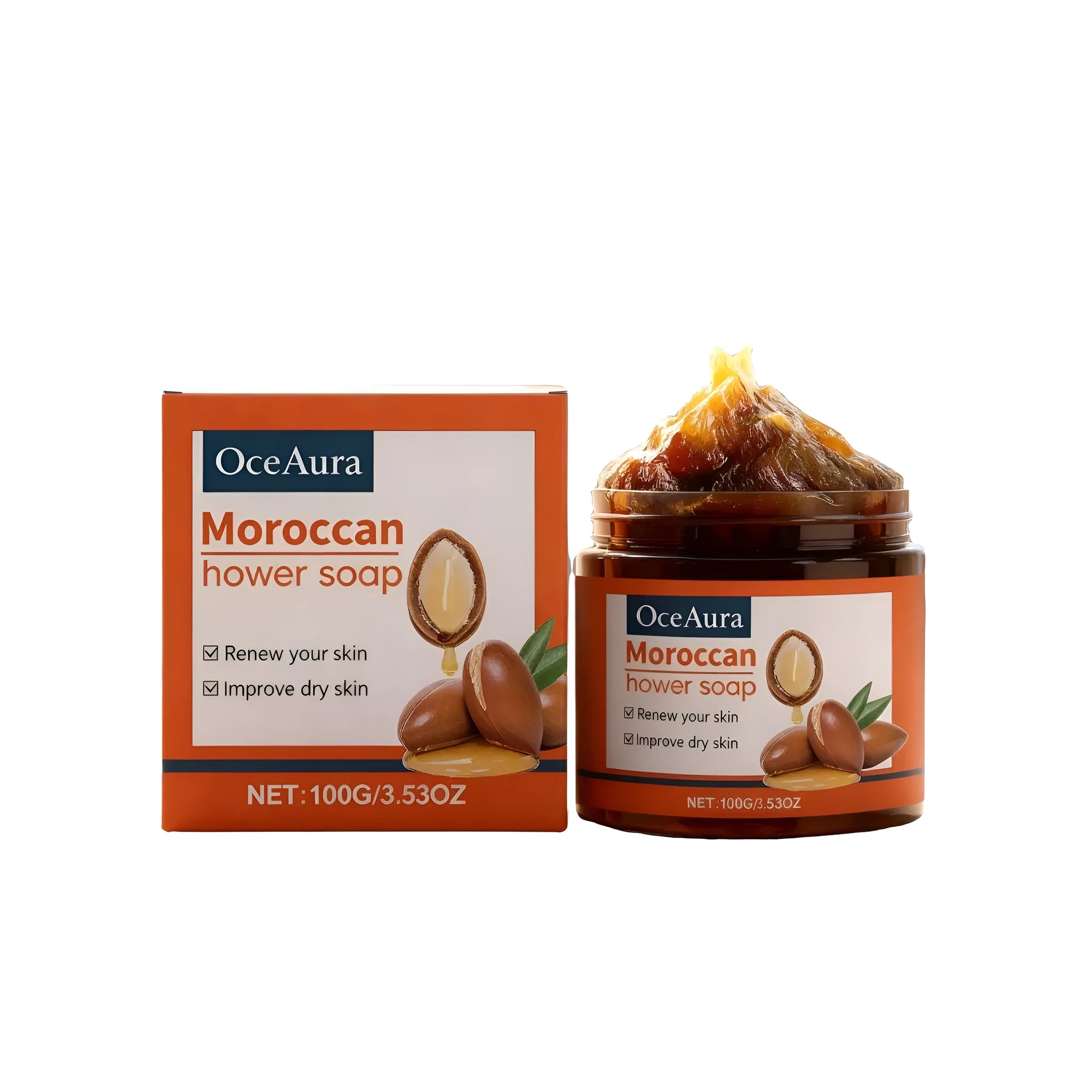 Moroccan Bath Soap Cream 100g with Argan oil, coconut oil, olive oil, and vitamin C in a cream format