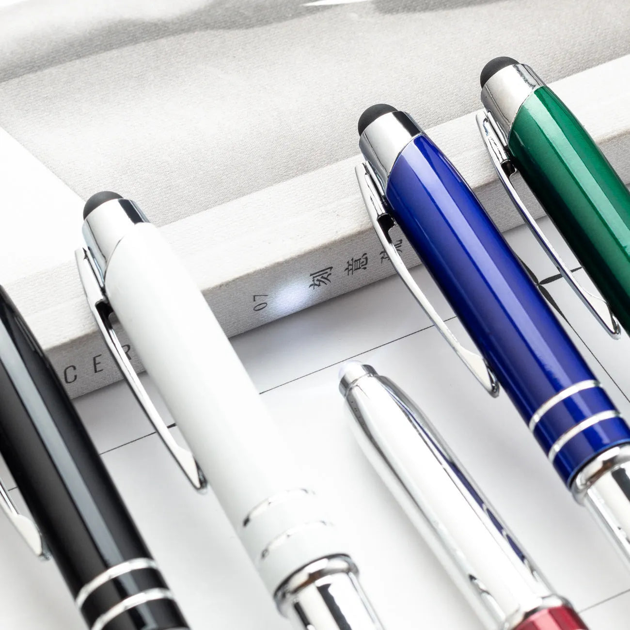 Metal multifunctional pen with capacitive stylus tip, LED light, and five colour options