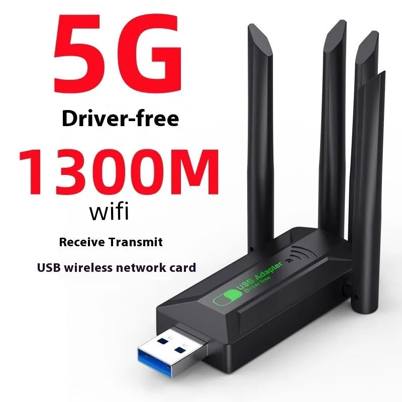 Black USB Wi-Fi network transmitter dongle with four external antennas.