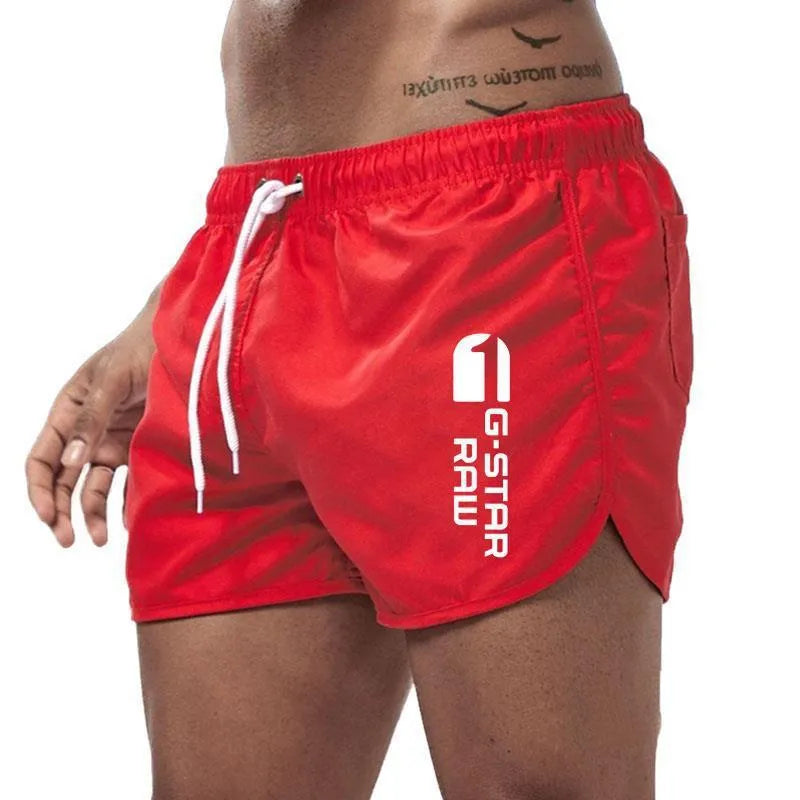 Men's thin hemp-blended polyester sports shorts in multiple colours on a size chart background.
