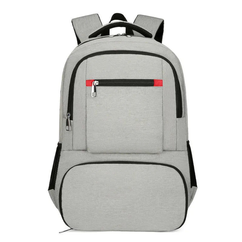 Light grey Oxford cloth insulated picnic backpack with curved shoulder straps and a pull rod belt.