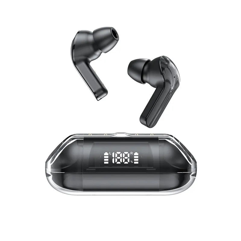 Transparent wireless Bluetooth earbuds with digital display charging case in neutral box colour options.